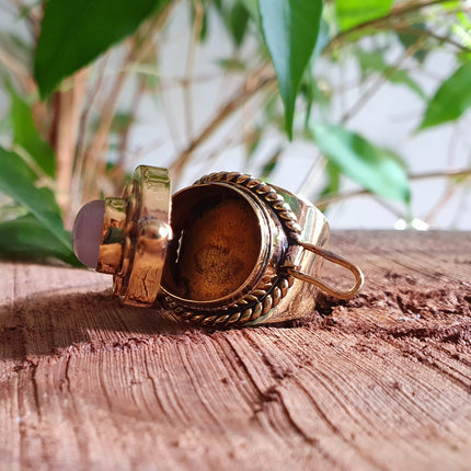Gold Poison Ring / Brass & Rose Quartz / Alchemy / Locket Ring / Boho / Bohemian / Rustic / Tribal / Gypsy / Festival / Healing / Festival