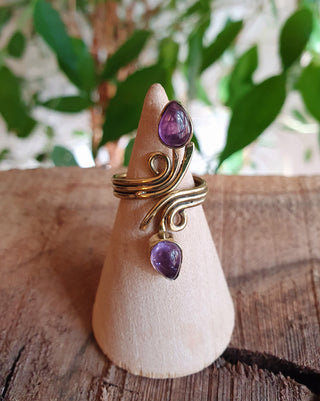 Boho Brass Amethyst Adjustable Ring, One size bohemian Ring for Her