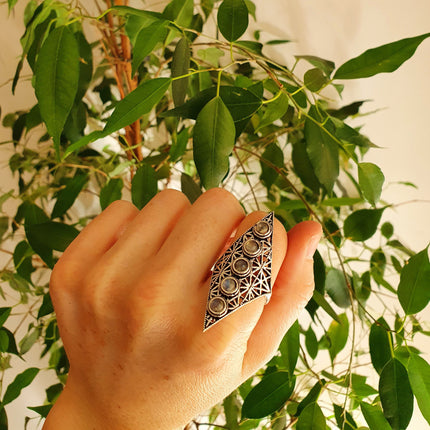 Silver Geometric Diamond Shape Ring / Moonstone / Large /Boho / Ethnic / Rustic / Tribal / Gypsy / Festival / Indian / Festival