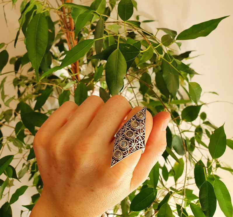 Silver Geometric Diamond Shape Ring / Moonstone / Large /Boho / Ethnic / Rustic / Tribal / Gypsy / Festival / Indian / Festival