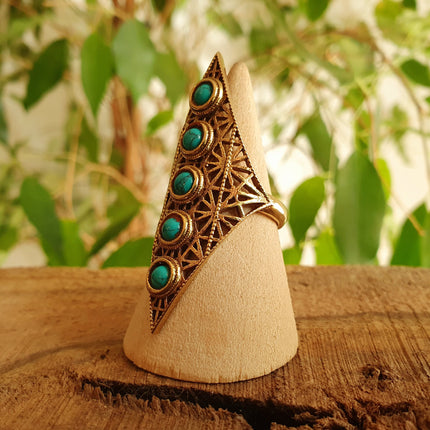 Brass Turquoise Geometric Diamond Shape Ring / Large /Boho / Ethnic / Rustic / Tribal / Gypsy / Festival / Healing / Festival