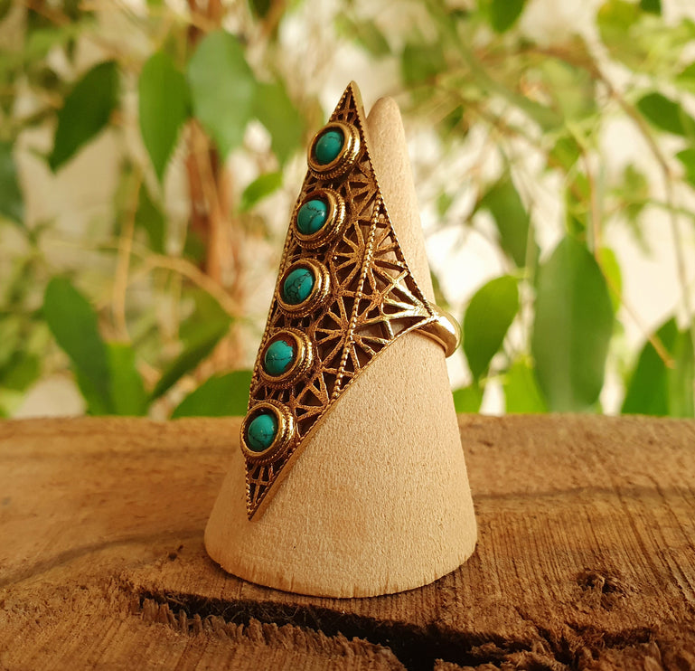 Brass Turquoise Geometric Diamond Shape Ring / Large /Boho / Ethnic / Rustic / Tribal / Gypsy / Festival / Healing / Festival