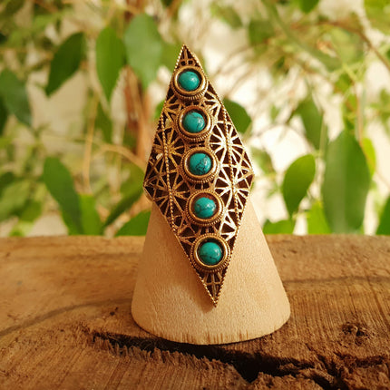 Brass Turquoise Geometric Diamond Shape Ring / Large /Boho / Ethnic / Rustic / Tribal / Gypsy / Festival / Healing / Festival