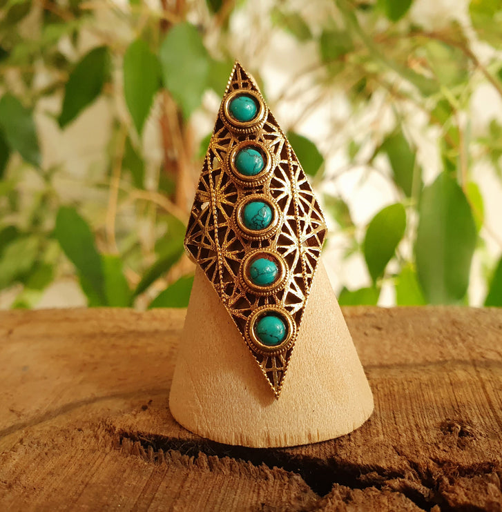 Brass Turquoise Geometric Diamond Shape Ring / Large /Boho / Ethnic / Rustic / Tribal / Gypsy / Festival / Healing / Festival