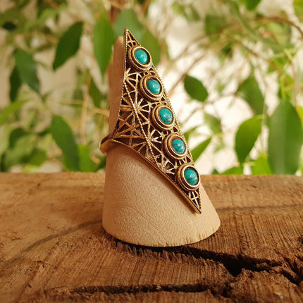 Brass Turquoise Geometric Diamond Shape Ring / Large /Boho / Ethnic / Rustic / Tribal / Gypsy / Festival / Healing / Festival