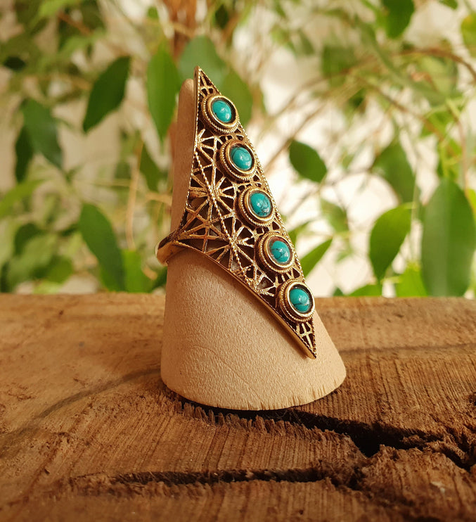 Brass Turquoise Geometric Diamond Shape Ring / Large /Boho / Ethnic / Rustic / Tribal / Gypsy / Festival / Healing / Festival