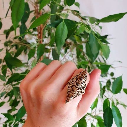 Brass Tiger Eye Geometric Diamond Shape Ring / Large /Boho / Ethnic / Rustic / Tribal / Gypsy / Festival / Healing / Festival