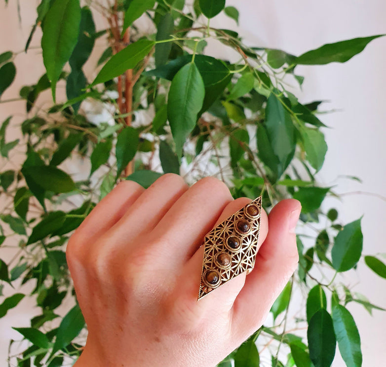 Brass Tiger Eye Geometric Diamond Shape Ring / Large /Boho / Ethnic / Rustic / Tribal / Gypsy / Festival / Healing / Festival