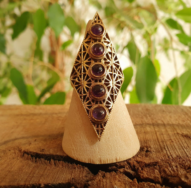 Brass Amethyst Geometric Diamond Shape Ring / Large /Boho / Ethnic / Rustic / Tribal / Gypsy / Festival / Healing / Festival 