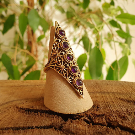Brass Amethyst Geometric Diamond Shape Ring / Large /Boho / Ethnic / Rustic / Tribal / Gypsy / Festival / Healing / Festival 