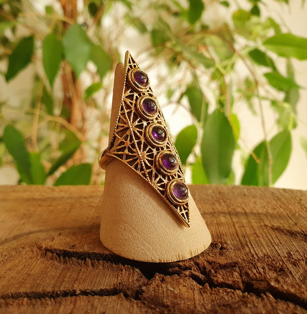 Brass Amethyst Geometric Diamond Shape Ring / Large /Boho / Ethnic / Rustic / Tribal / Gypsy / Festival / Healing / Festival 