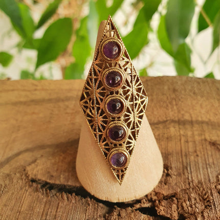Brass Amethyst Geometric Diamond Shape Ring / Large /Boho / Ethnic / Rustic / Tribal / Gypsy / Festival / Healing / Festival 