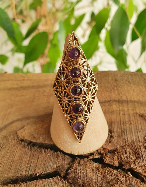 Brass Amethyst Geometric Diamond Shape Ring / Large /Boho / Ethnic / Rustic / Tribal / Gypsy / Festival / Healing / Festival 