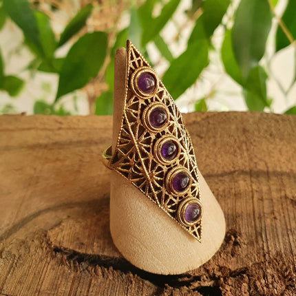 Brass Amethyst Geometric Diamond Shape Ring / Large /Boho / Ethnic / Rustic / Tribal / Gypsy / Festival / Healing / Festival 