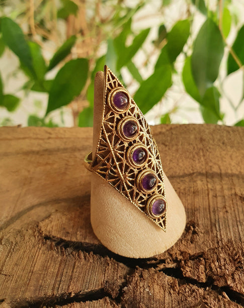 Brass Amethyst Geometric Diamond Shape Ring / Large /Boho / Ethnic / Rustic / Tribal / Gypsy / Festival / Healing / Festival 