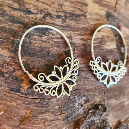 Boho Flower Silver Hoop Earrings; Ethnic, Geometric, Small, Rustic, Yoga, Hippie, Gypsy, Pretty, Ssy, Boho, Bohemian, Festival