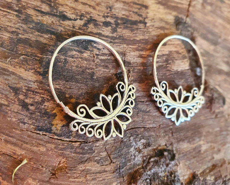 Boho Flower Silver Hoop Earrings; Ethnic, Geometric, Small, Rustic, Yoga, Hippie, Gypsy, Pretty, Ssy, Boho, Bohemian, Festival