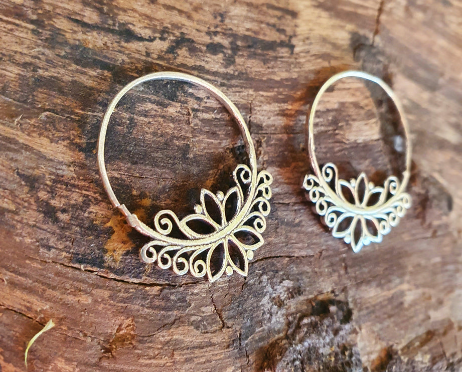 Boho Flower Silver Hoop Earrings; Ethnic, Geometric, Small, Rustic, Yoga, Hippie, Gypsy, Pretty, Ssy, Boho, Bohemian, Festival