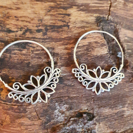 Boho Flower Silver Hoop Earrings; Ethnic, Geometric, Small, Rustic, Yoga, Hippie, Gypsy, Pretty, Ssy, Boho, Bohemian, Festival