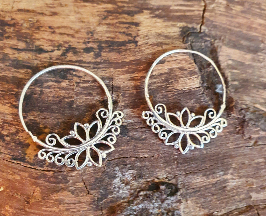 Boho Flower Silver Hoop Earrings; Ethnic, Geometric, Small, Rustic, Yoga, Hippie, Gypsy, Pretty, Ssy, Boho, Bohemian, Festival