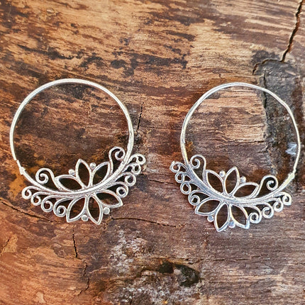 Boho Flower Silver Hoop Earrings; Ethnic, Geometric, Small, Rustic, Yoga, Hippie, Gypsy, Pretty, Ssy, Boho, Bohemian, Festival