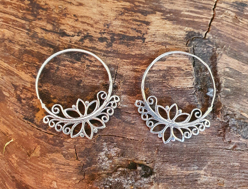 Boho Flower Silver Hoop Earrings; Ethnic, Geometric, Small, Rustic, Yoga, Hippie, Gypsy, Pretty, Ssy, Boho, Bohemian, Festival