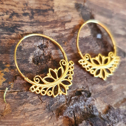 Boho Lotus Flower Golden Hoop Earrings; Ethnic, Geometric, Small, Rustic, Yoga, Hippie, Gypsy, Pretty, Ssy, Boho, Bohemian, Festival