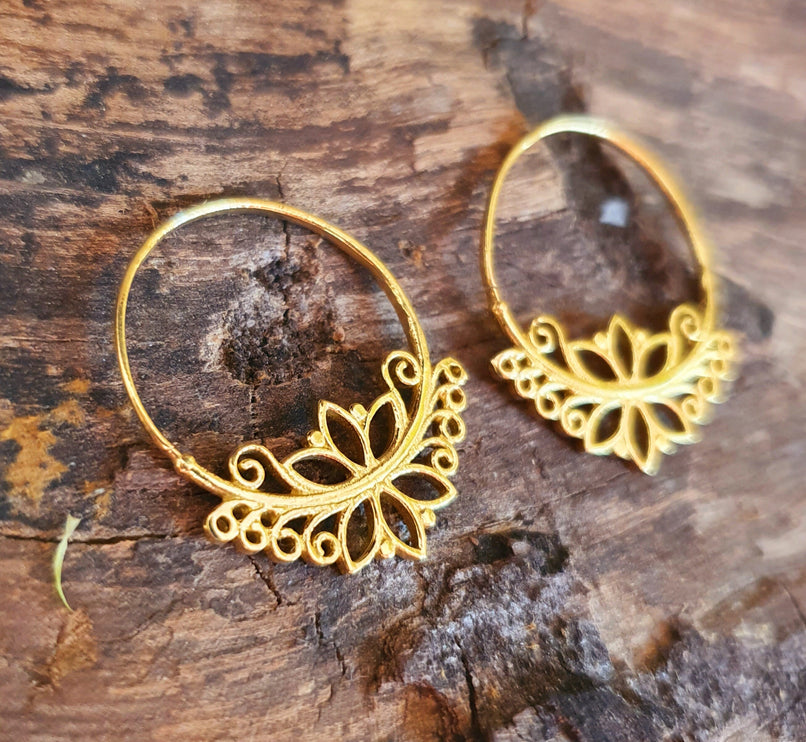 Boho Lotus Flower Golden Hoop Earrings; Ethnic, Geometric, Small, Rustic, Yoga, Hippie, Gypsy, Pretty, Ssy, Boho, Bohemian, Festival