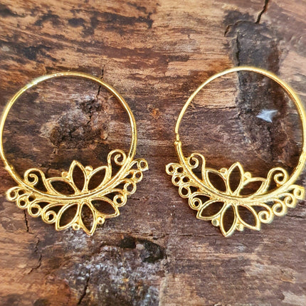 Boho Lotus Flower Golden Hoop Earrings; Ethnic, Geometric, Small, Rustic, Yoga, Hippie, Gypsy, Pretty, Ssy, Boho, Bohemian, Festival