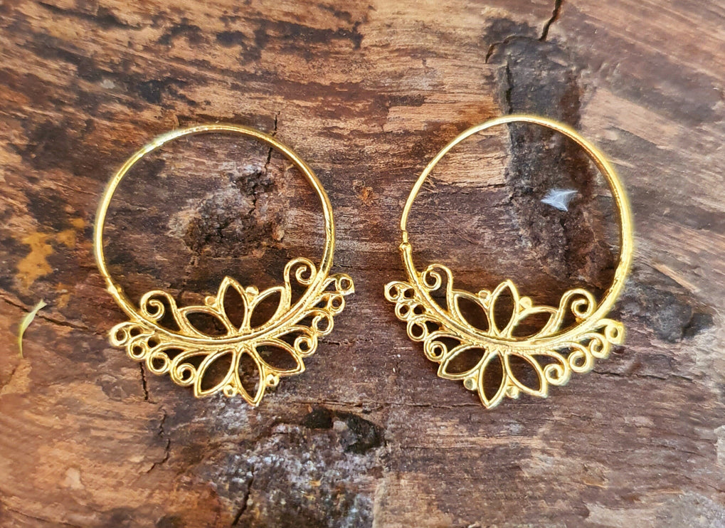 Boho Lotus Flower Golden Hoop Earrings; Ethnic, Geometric, Small, Rustic, Yoga, Hippie, Gypsy, Pretty, Ssy, Boho, Bohemian, Festival