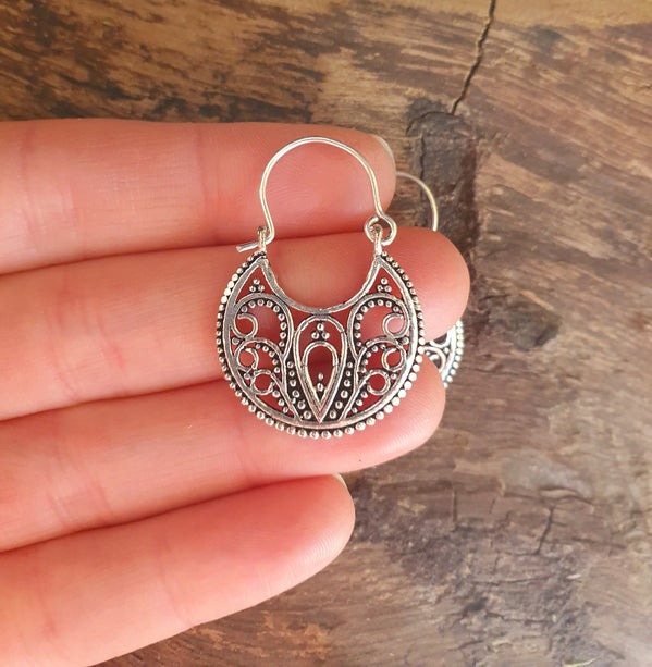 Mini Boho Silver Mandala Flower Earrings; Ethnic, Geometric, Small, Rustic, Yoga, Hippie, Gypsy, Pretty, Ssy, Boho, Bohemian, Festival