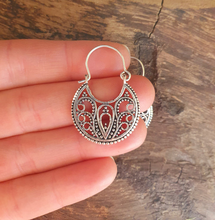 Mini Boho Silver Mandala Flower Earrings; Ethnic, Geometric, Small, Rustic, Yoga, Hippie, Gypsy, Pretty, Ssy, Boho, Bohemian, Festival