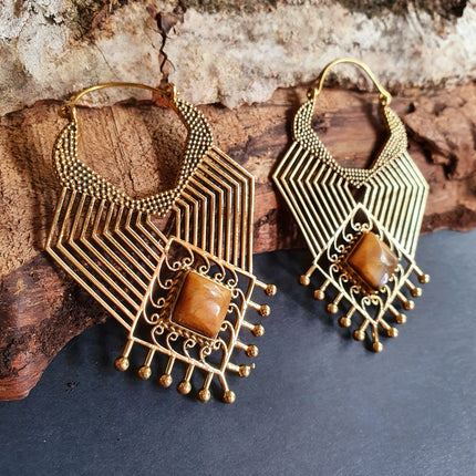 Ethnic Geometric Tiger Eye Brass Earrings / Tribal / Rustic / Yoga / Hippie / Gypsy / Psy / Boho / Bohemian / Festival