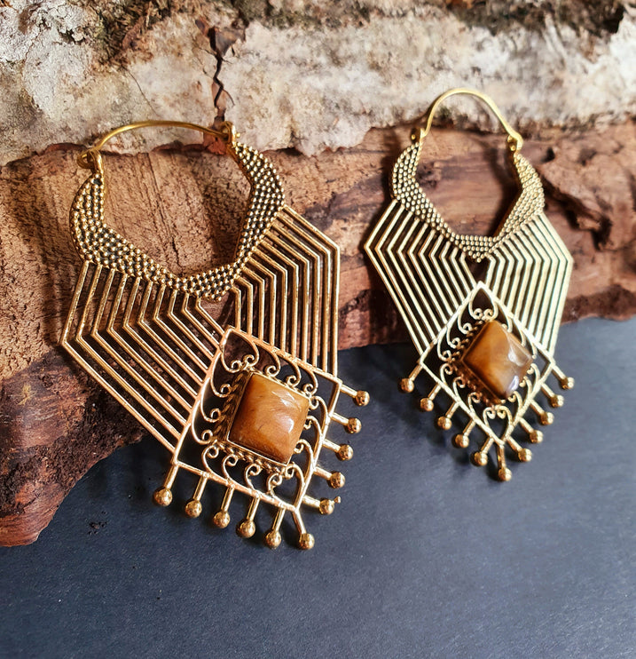 Ethnic Geometric Tiger Eye Brass Earrings / Tribal / Rustic / Yoga / Hippie / Gypsy / Psy / Boho / Bohemian / Festival