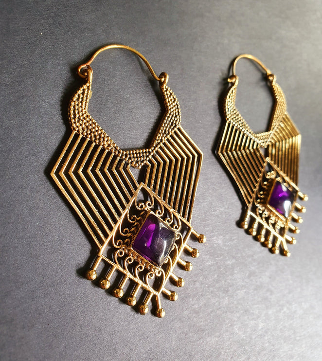 Ethnic Geometric Amethyst Brass Earrings / Tribal / Rustic / Yoga / Hippie / Gypsy / Psy / Boho / Bohemian / Festival