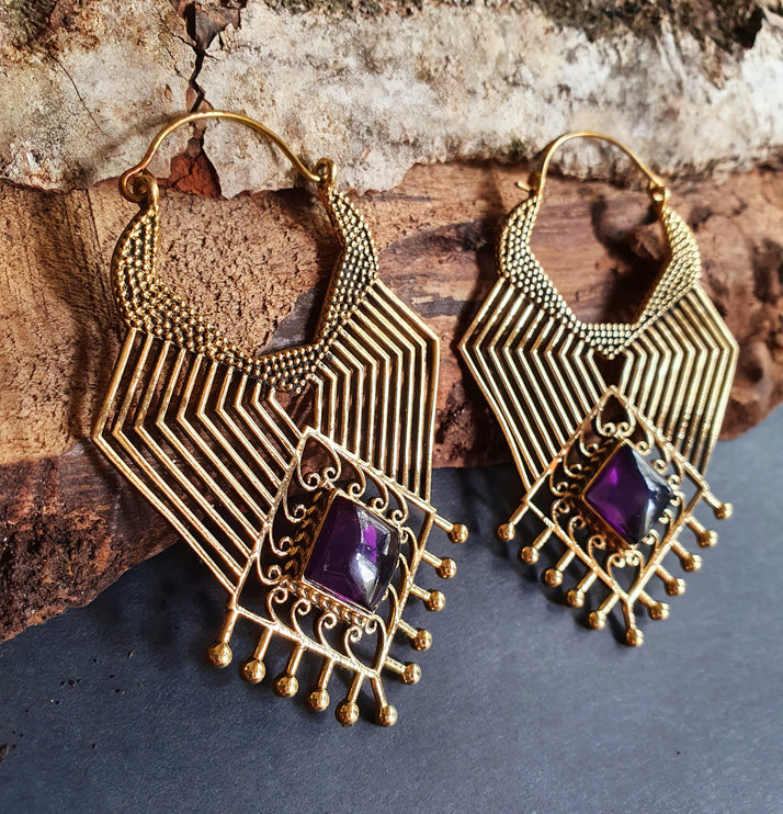 Ethnic Geometric Amethyst Brass Earrings / Tribal / Rustic / Yoga / Hippie / Gypsy / Psy / Boho / Bohemian / Festival