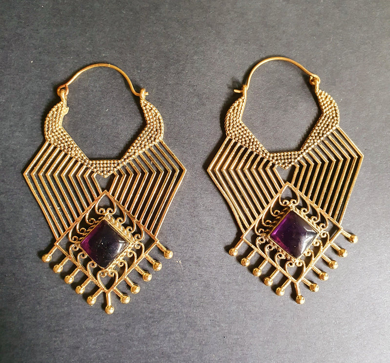 Ethnic Geometric Amethyst Brass Earrings / Tribal / Rustic / Yoga / Hippie / Gypsy / Psy / Boho / Bohemian / Festival