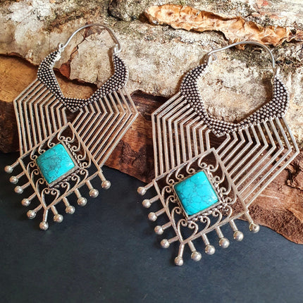 Ethnic Inca Turquoise Silver Earrings / Tribal / Rustic / Yoga / Hippie / Gypsy / Psy / Boho / Bohemian / Festival