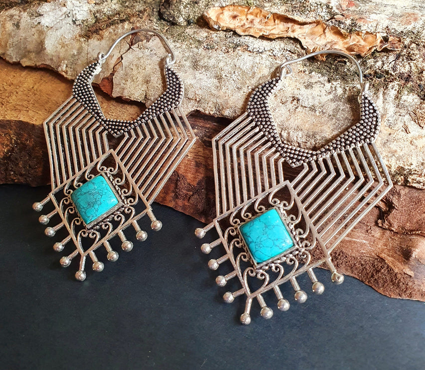 Ethnic Inca Turquoise Silver Earrings / Tribal / Rustic / Yoga / Hippie / Gypsy / Psy / Boho / Bohemian / Festival