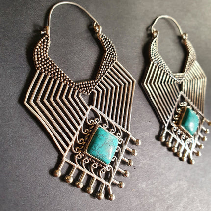 Ethnic Inca Turquoise Silver Earrings / Tribal / Rustic / Yoga / Hippie / Gypsy / Psy / Boho / Bohemian / Festival
