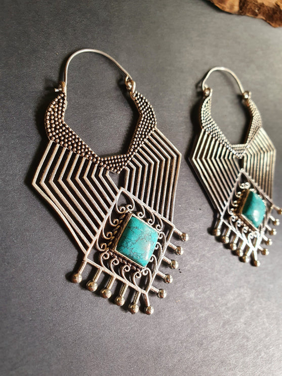 Ethnic Inca Turquoise Silver Earrings / Tribal / Rustic / Yoga / Hippie / Gypsy / Psy / Boho / Bohemian / Festival