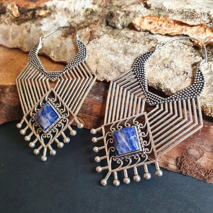 Ethnic Inca Lapis Lazuli Silver Earrings / Tribal / Rustic / Yoga / Hippie / Gypsy / Psy / Boho / Bohemian / Festival