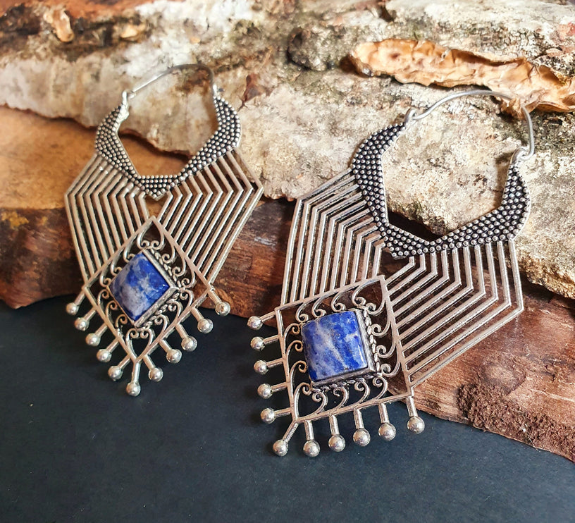 Ethnic Inca Lapis Lazuli Silver Earrings / Tribal / Rustic / Yoga / Hippie / Gypsy / Psy / Boho / Bohemian / Festival