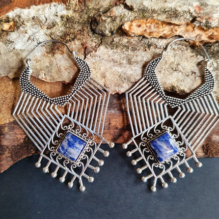 Ethnic Inca Lapis Lazuli Silver Earrings / Tribal / Rustic / Yoga / Hippie / Gypsy / Psy / Boho / Bohemian / Festival