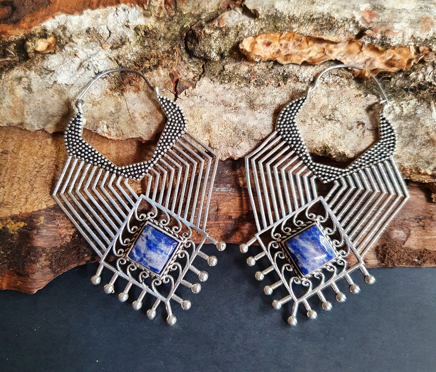 Ethnic Inca Lapis Lazuli Silver Earrings / Tribal / Rustic / Yoga / Hippie / Gypsy / Psy / Boho / Bohemian / Festival