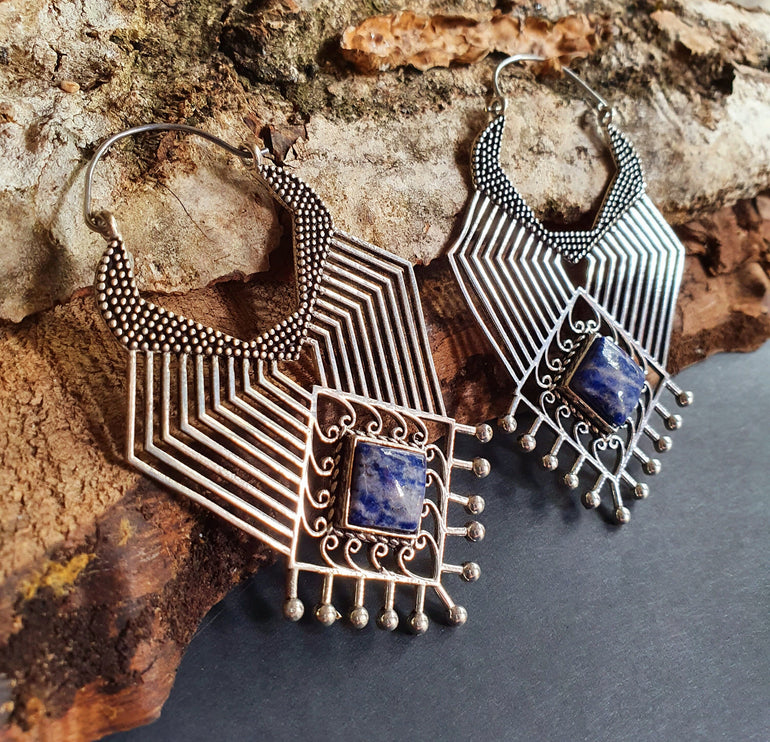 Ethnic Inca Lapis Lazuli Silver Earrings / Tribal / Rustic / Yoga / Hippie / Gypsy / Psy / Boho / Bohemian / Festival