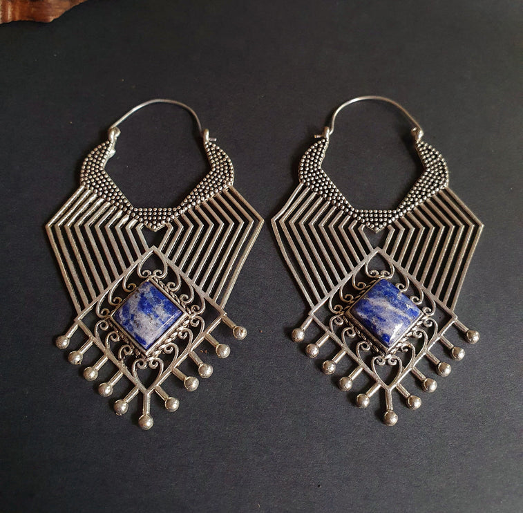 Ethnic Inca Lapis Lazuli Silver Earrings / Tribal / Rustic / Yoga / Hippie / Gypsy / Psy / Boho / Bohemian / Festival