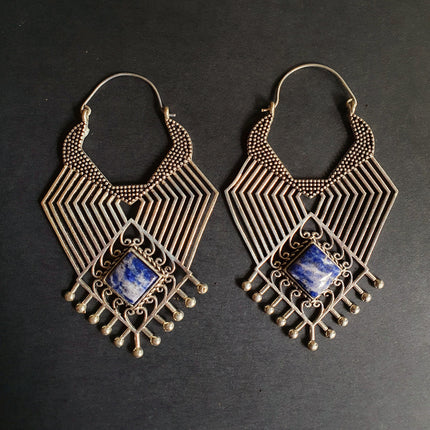 Ethnic Inca Lapis Lazuli Silver Earrings / Tribal / Rustic / Yoga / Hippie / Gypsy / Psy / Boho / Bohemian / Festival