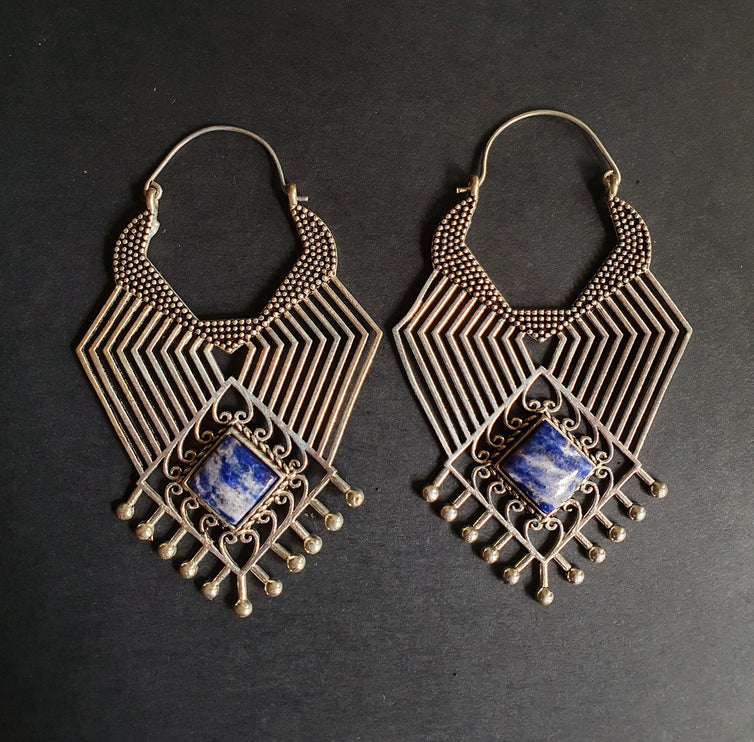 Ethnic Inca Lapis Lazuli Silver Earrings / Tribal / Rustic / Yoga / Hippie / Gypsy / Psy / Boho / Bohemian / Festival