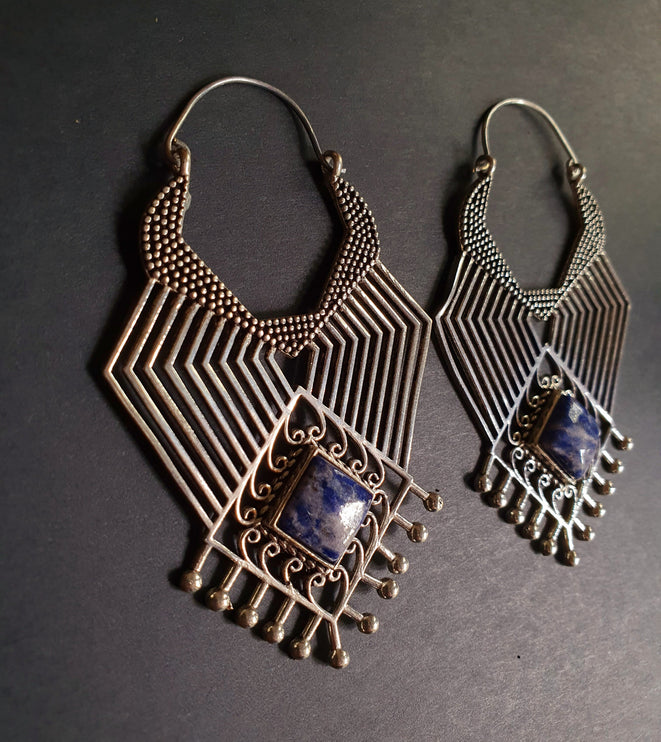 Ethnic Inca Lapis Lazuli Silver Earrings / Tribal / Rustic / Yoga / Hippie / Gypsy / Psy / Boho / Bohemian / Festival